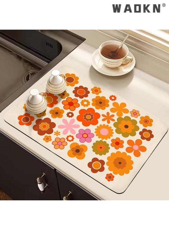 Dish Drying Mat for Kitchen Counter, Retro 70s Orange Flowers Design, Washable Absorbent Quick Dry Pad with Rubber Backing, Draining Mat for Dishes Coffee Table, Diatom mud anti slip pad , easy to clean , 40*60cm.