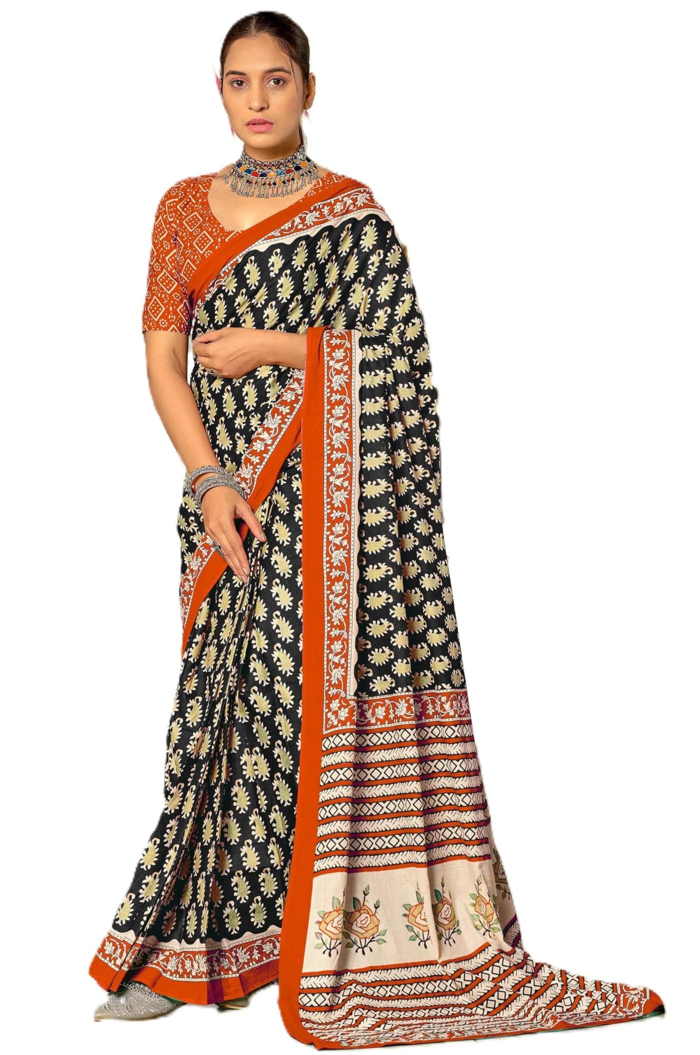 Panzora Women's Mulmul Cotton Block Print Ready to Wear One minute Saree With Unstitched Blouse Piece