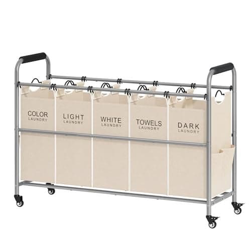 Tajsoon Laundry Sorter 5 Sections Laundry Hamper with Heavy Duty Lockable Wheels and Removable Bags 5 Bag Rolling Laundry Sorter Cart for Dirty Clothes Storage Laundry Separator Hamper Beige