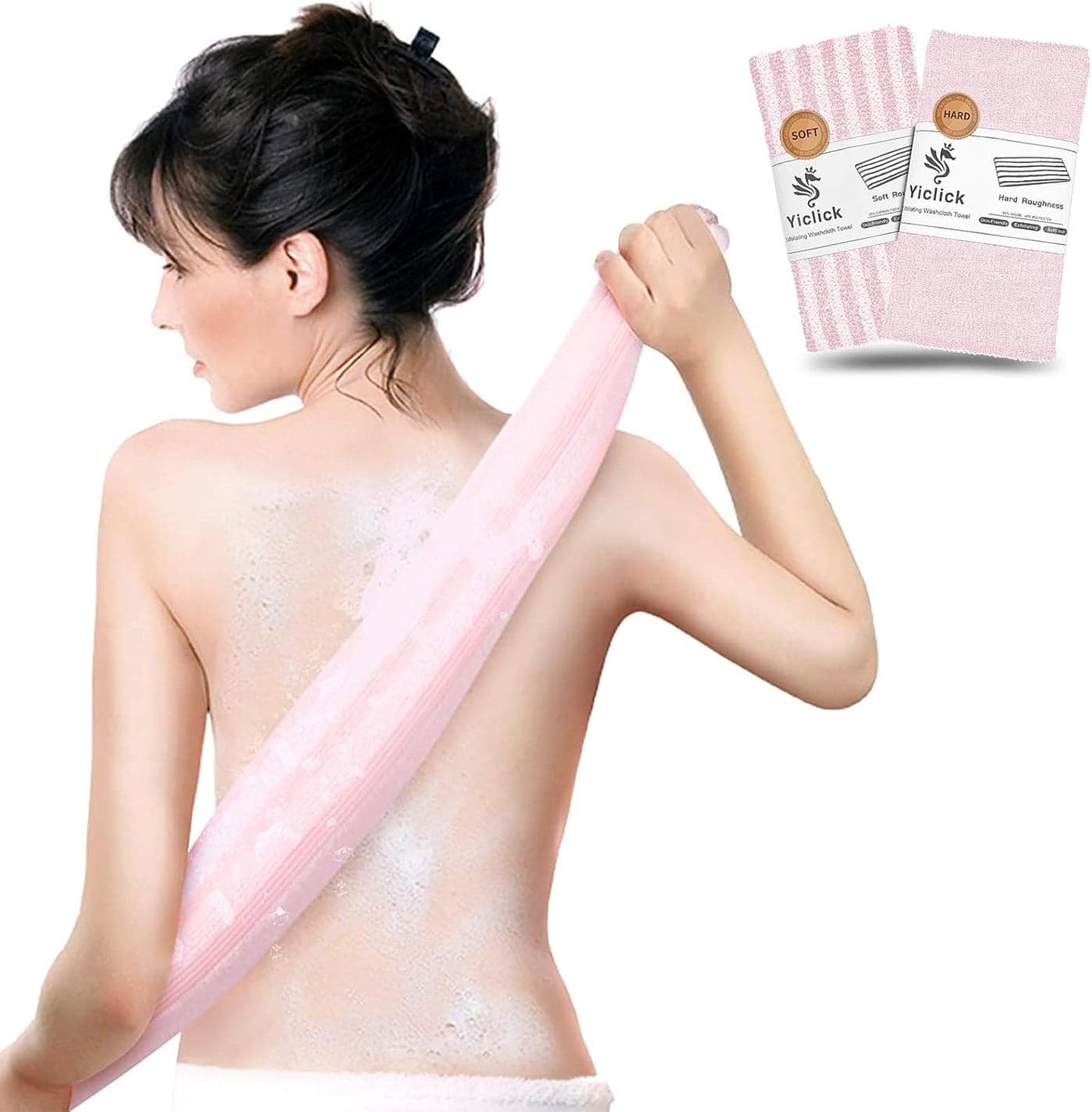 Yiclick Exfoliating Body Scrubber, Back Scrubber for Shower Bath, Japanese Scrub Wash Cloth, Exfoliating Washcloth Towel for Men Women, Body Exfoliator Loofah Luffa Sponge Net Rag Back Washer (Pink)