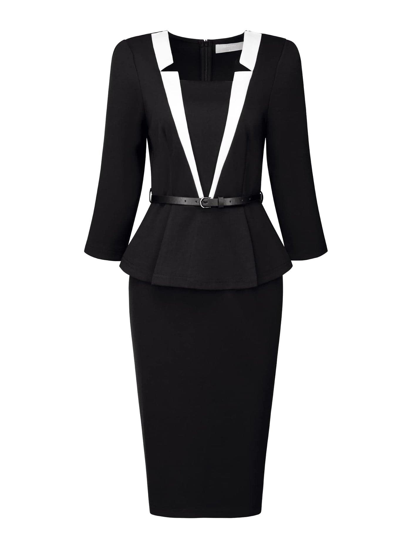 Hobemty Women's Office Dress 3/4 Sleeve Notch Collar Work Sheath Dresses Medium Black