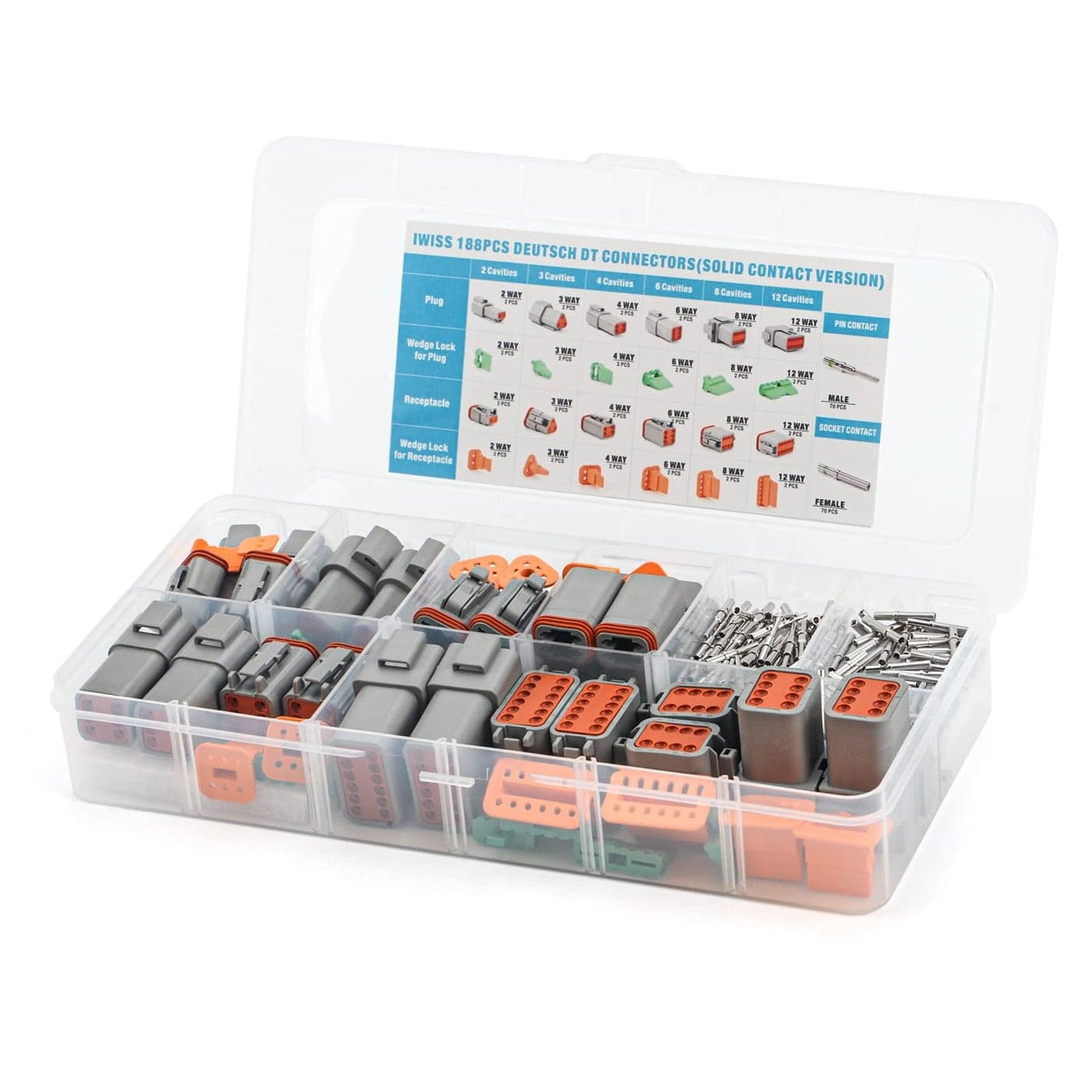 IWISS 188PCS Deutsch DT Gray Connector Kit with Size 16 Solid Contacts in 23468 and 12 Pin Configurations Environmentally Sealed Automotive Electrical Connectors