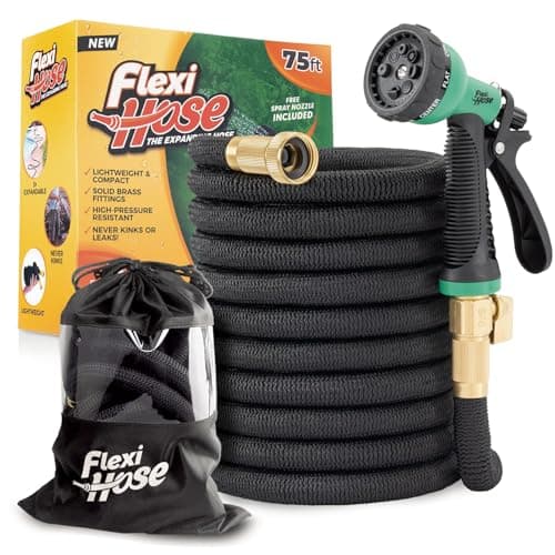 Flexi Hose Plus Expandable Garden Hose with 8 Function Nozzle 75FT Lightweight Retractable Garden Hose Water Hose NoKink Flexibility 34 Inch Solid Brass Fittings Includes Hook Bag