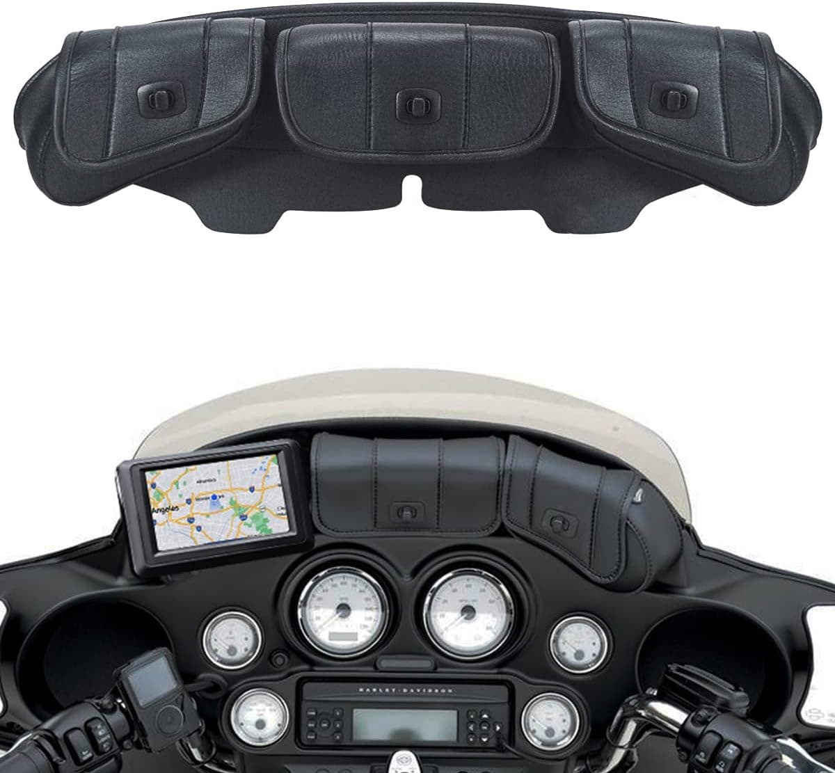 FOVPLUE Three Pocket Fairing Pouch for Harley Davidson 1997-2013 Electra Glide, Street Glide, and Trike Models - Black
