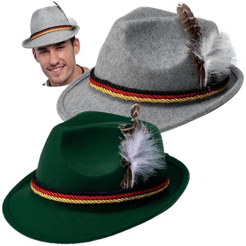 Spooktacular Creations Oktoberfest Hats 2 PCS German Oktoberfest Costume Accessories Set Green Gray Felt Fedora Retro Hats for Adults Bavarian Alpine Halloween Dress Up RolePlay Party
