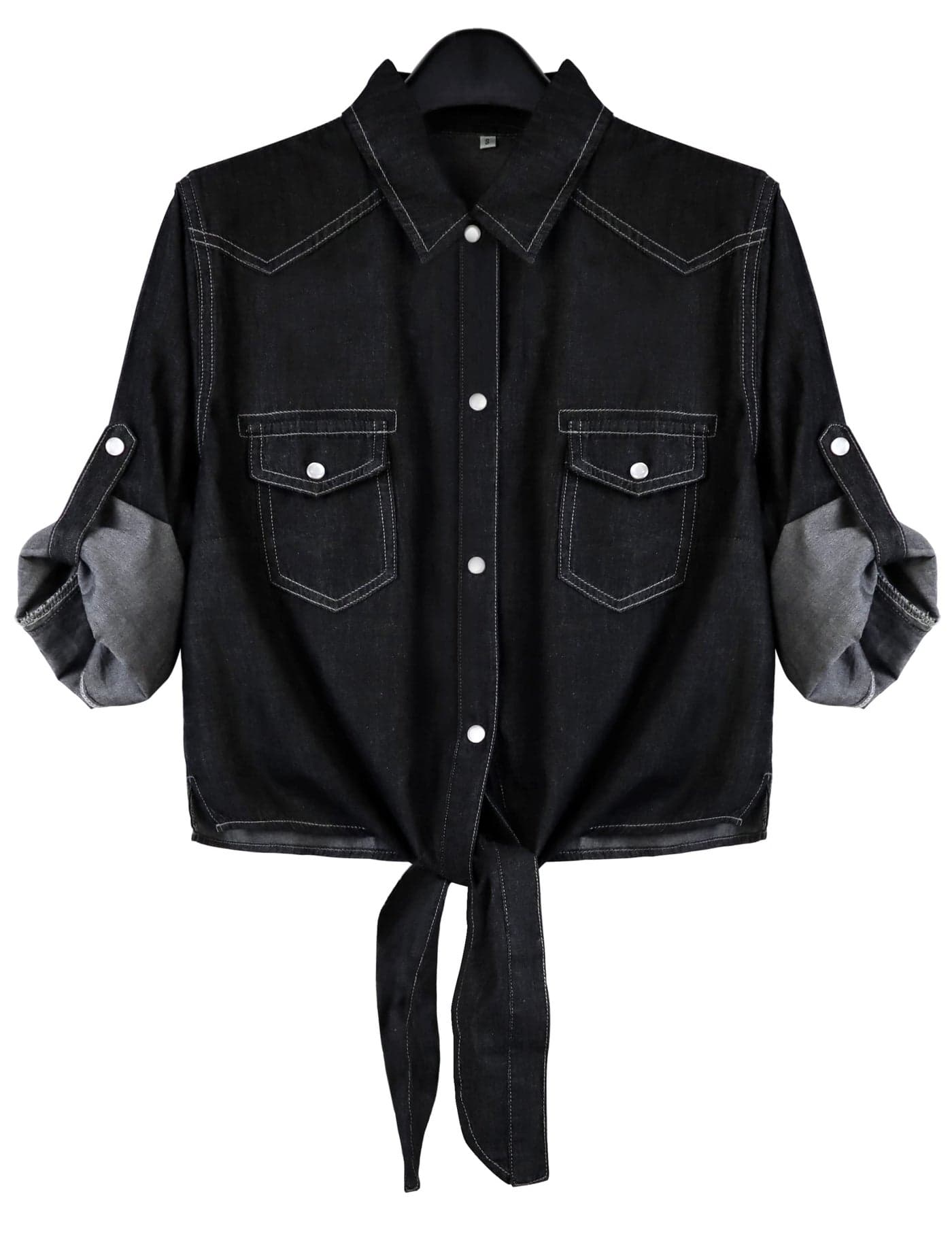 Omoone Women's 3/4 Sleeve Denim Crop Top Tie Knot Shirt Cardigan(0774-Black01-XL)