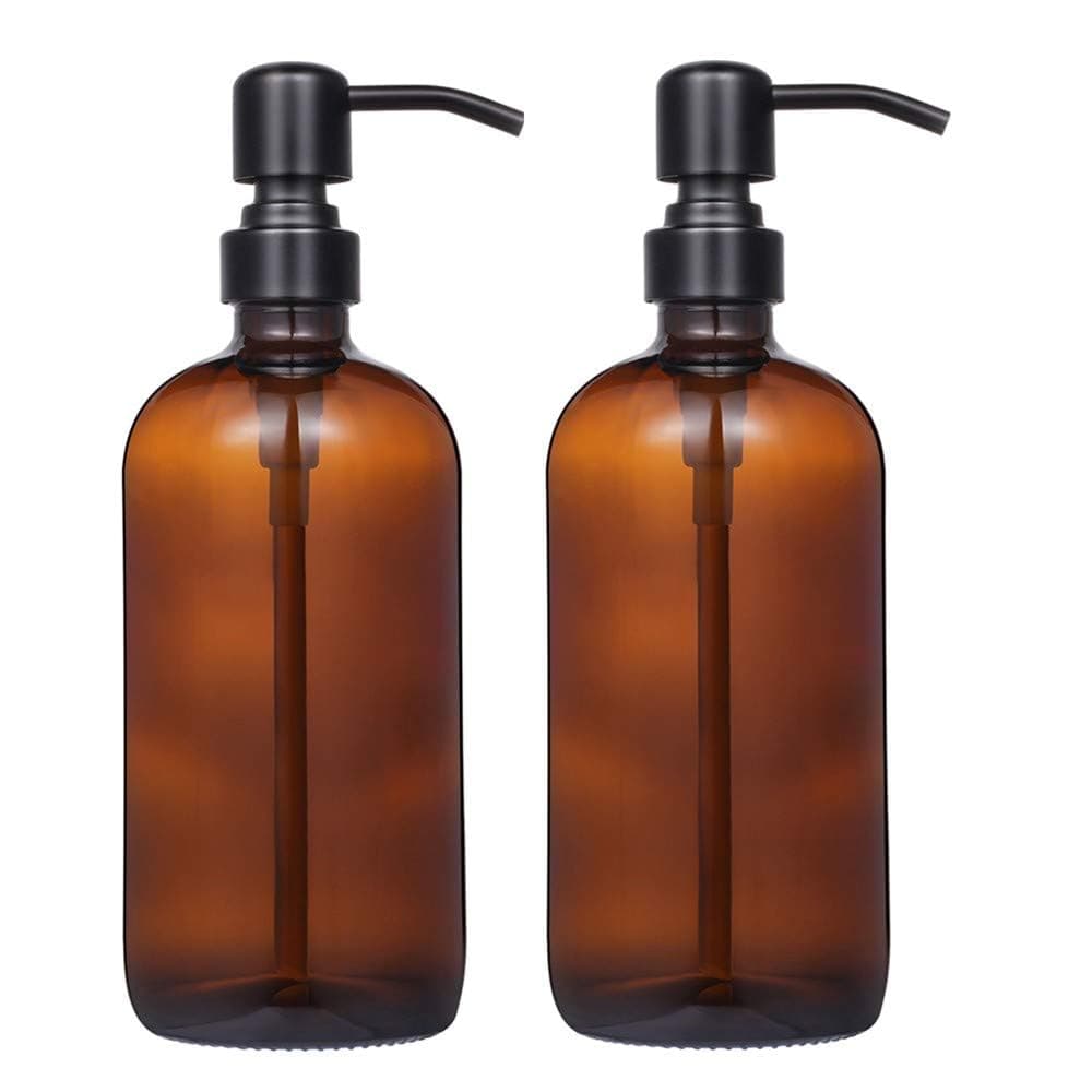 2 Pack Thick Amber Glass Pint Jar Soap Dispenser with Silver Stainless Steel Pump 16ounce Boston Round Bottles Dispenser with Rustproof Pump for Essential Oil Lotion Soap