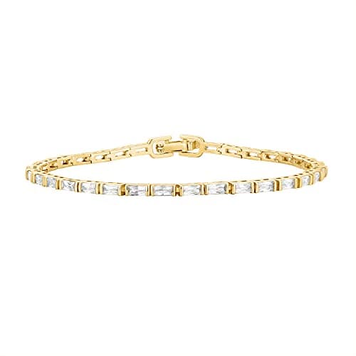 PAVOI 14K Yellow Gold Plated CZ Tennis Bracelet For Women | Classic Emerald Cut Simulated Diamond Bracelet | 7 Inches