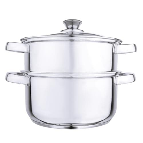 Anjali FS2T Fiesta 2-Tier Stainless Steel Food Steamer with Glass Lid, 20 cm - Perfect for Steaming Vegetables, Idlis, Momos, and More - Durable Design with Side Handles for Effortless Cooking