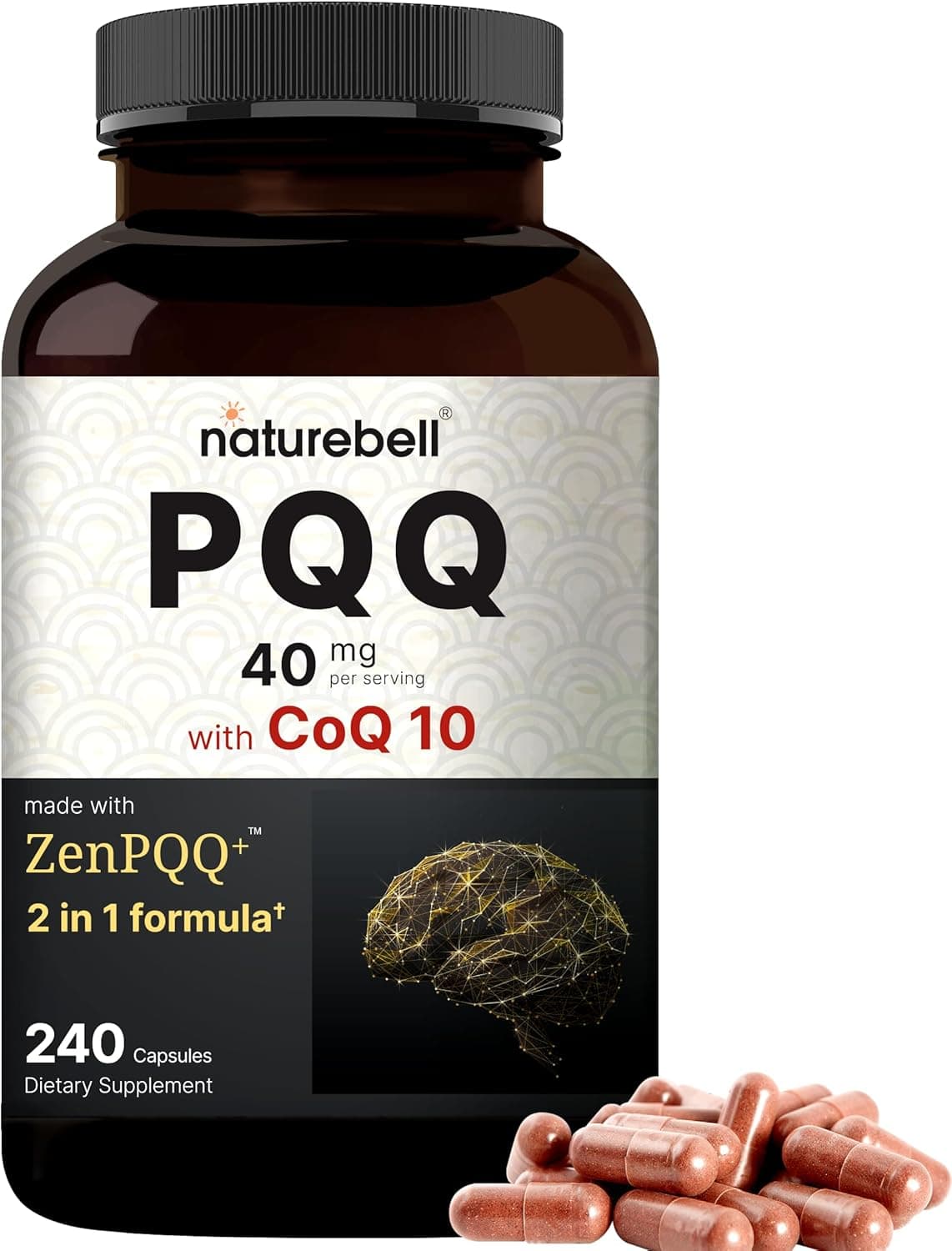 NatureBell PQQ 40mg Per Serving with CoQ10 240 Capsules Active Pyrroloquinoline Quinone Highly Bioavailable ZenPQQ Formula Promotes Heart Brain Mitochondrial Health NonGMO