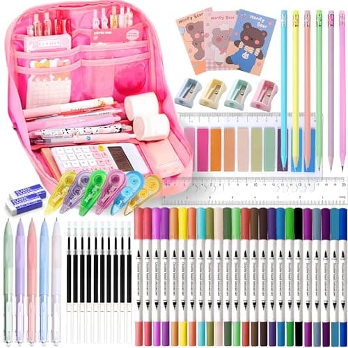 Ristpal 56 PCS Aesthetic School Supplies with Large Pencil Case 24 Double Brush Marker Pens 5 Black Ink Gel Pens 6 Macaron Pencils 4 Sharpeners Sticky Notes Ruler Erasers Stationery Gift