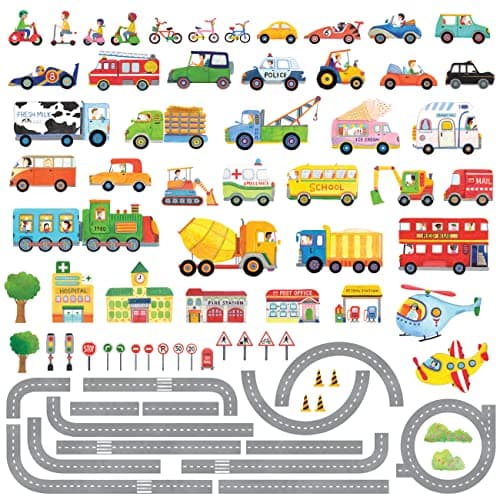 DECOWALL SG3-1404P1405 The Road and Cars Kids Wall Stickers Wall Decals Peel and Stick Removable Wall Stickers for Kids Nursery Bedroom Living Room (Medium) décor