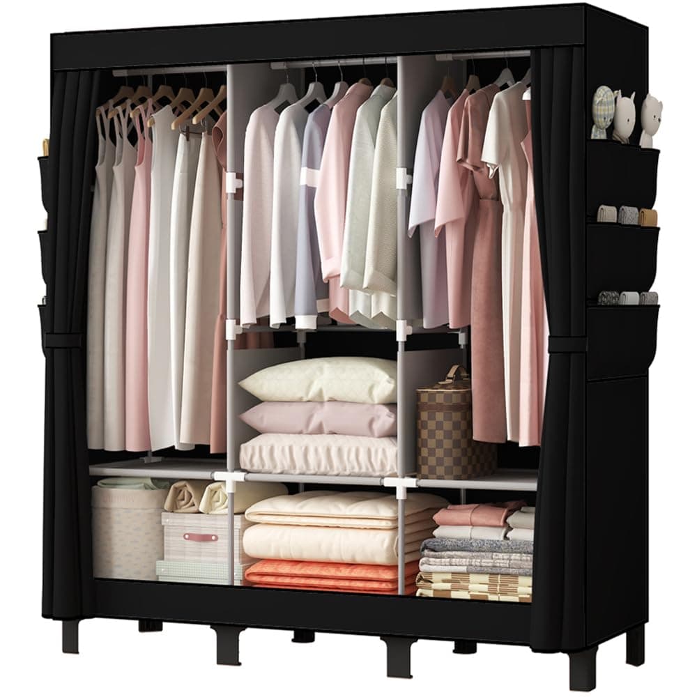 PSHUN RIGH Portable Closet Clothes Storage Box Simple Wardrobe for Hanging Clothes Multiple Shelves and 3 booms6 Side Pockets Black Black Large
