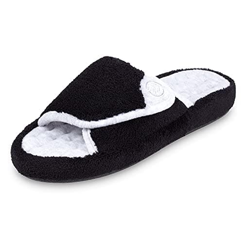 isotoner Women's Indoor/Outdoor Slip-on Adjustable Terry Spa Slide Slippers with Memory Foam Comfort, Black, 8.5-9