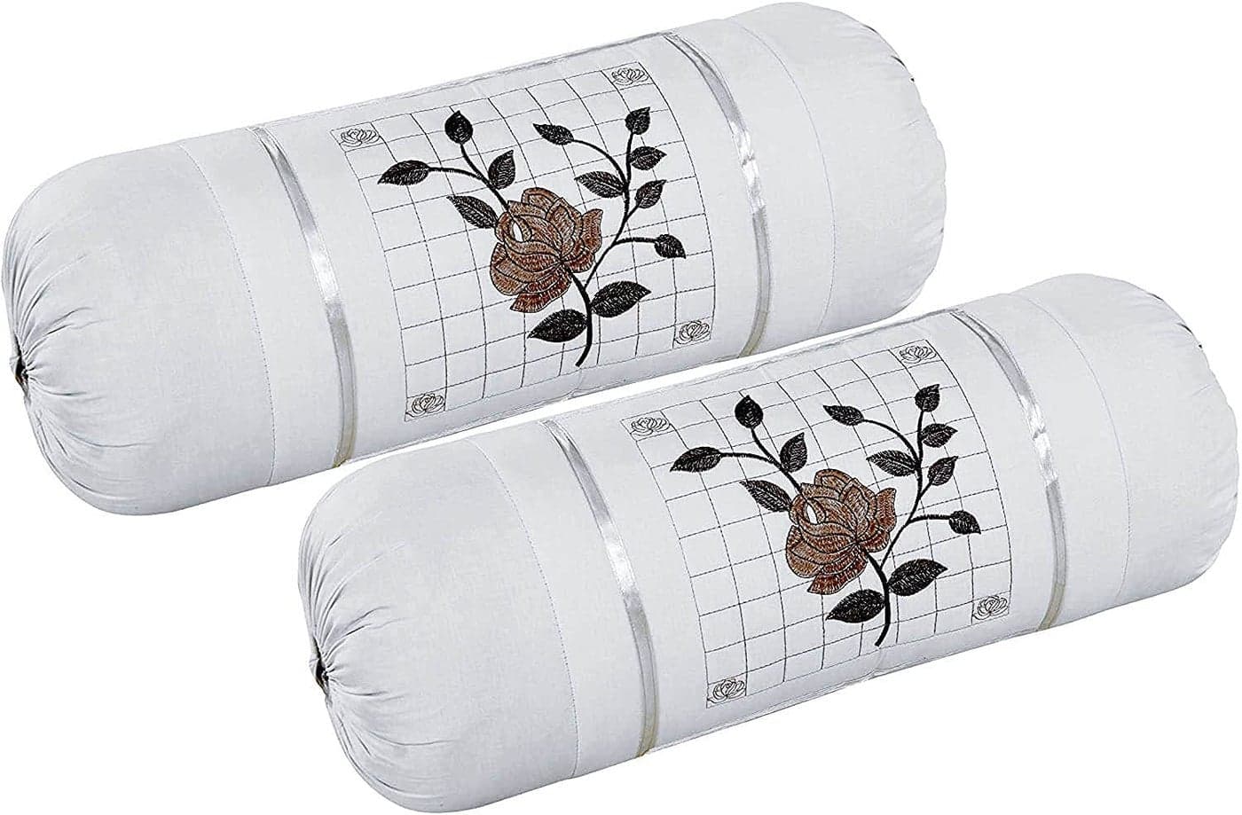 Rj Products™ Cotton Bolster Cover Set of 2 Piece Beautiful Rose Embroidery (White)