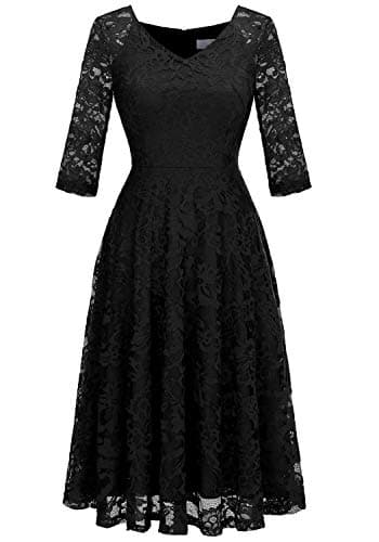 Dressystar Womens LongSleeve Wedding Guest Dress ALine Lace Formal Party Cocktail Midi Dress Prom Gown Black M