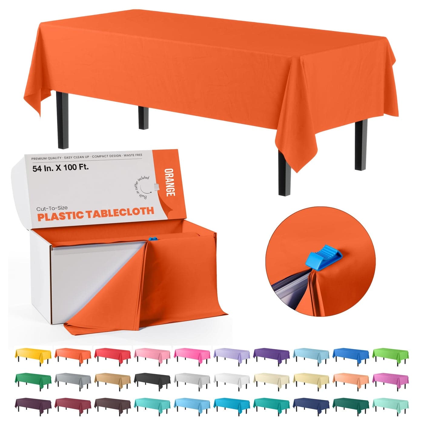 Exquisite Party Solids 54 Inch X 100 Feet Orange Plastic Table Cover Roll in A Cut to Size Box with Convenient Slide Cutter Cuts Up to 12 Rectangle 8 Feet Plastic Disposable Tablecloths
