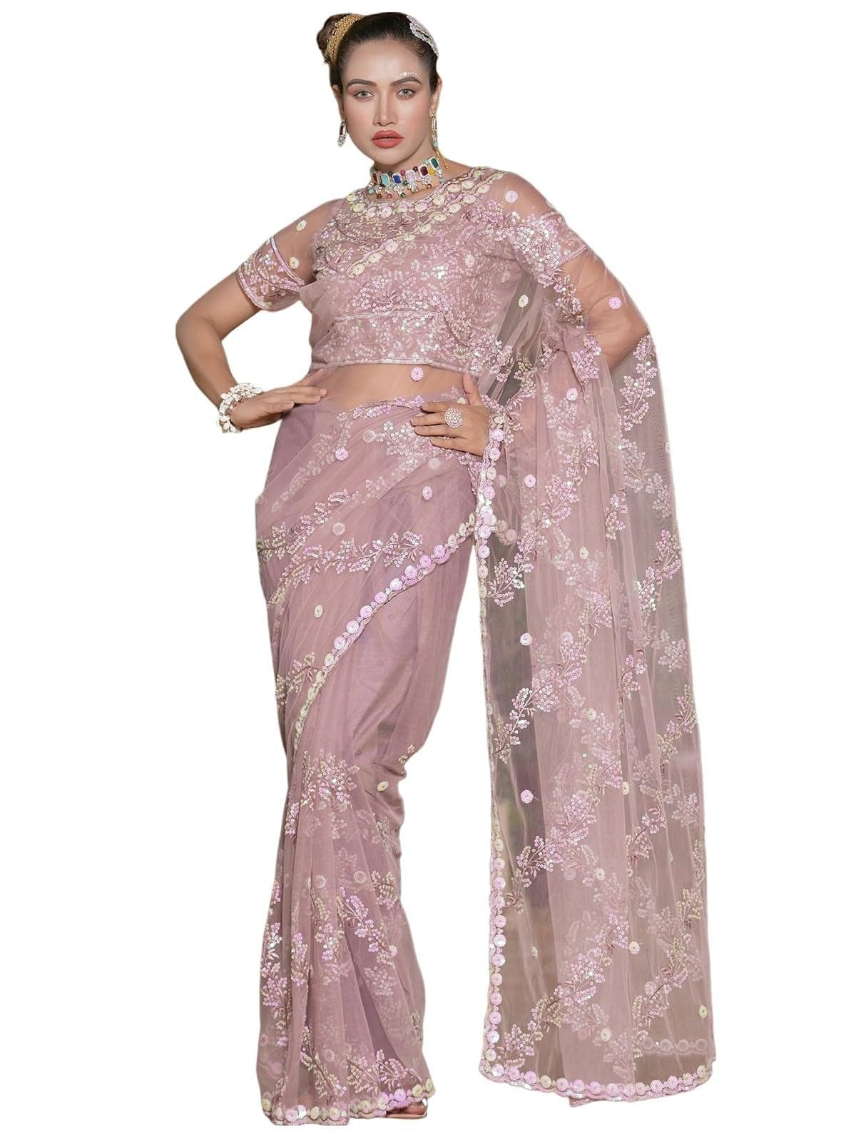 Satrani Women's Net Sequence Embroidery Work Saree with Unstitched Blouse Piece (3187S144N_Dusty Pink)