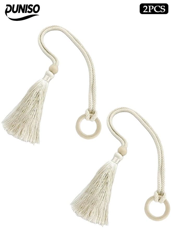 2 Pcs Curtain Tie,Cotton Tassels rope wooden beads Design Pull Curtain Straps, Adjustable According to Curtain Thickness,Frame Simple And Atmospheric Shape, Practical And Stylish, Suitable for Living Room and Bedroom Curtains,75cm,White