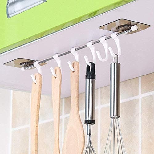 GREEYA Self Adhesive Stainless Steel Rod with 6 Hooks Wall Mounted Utensil Hanging Rack Holder | Bathroom Towel Hanger | Kitchen Hanger Hooks