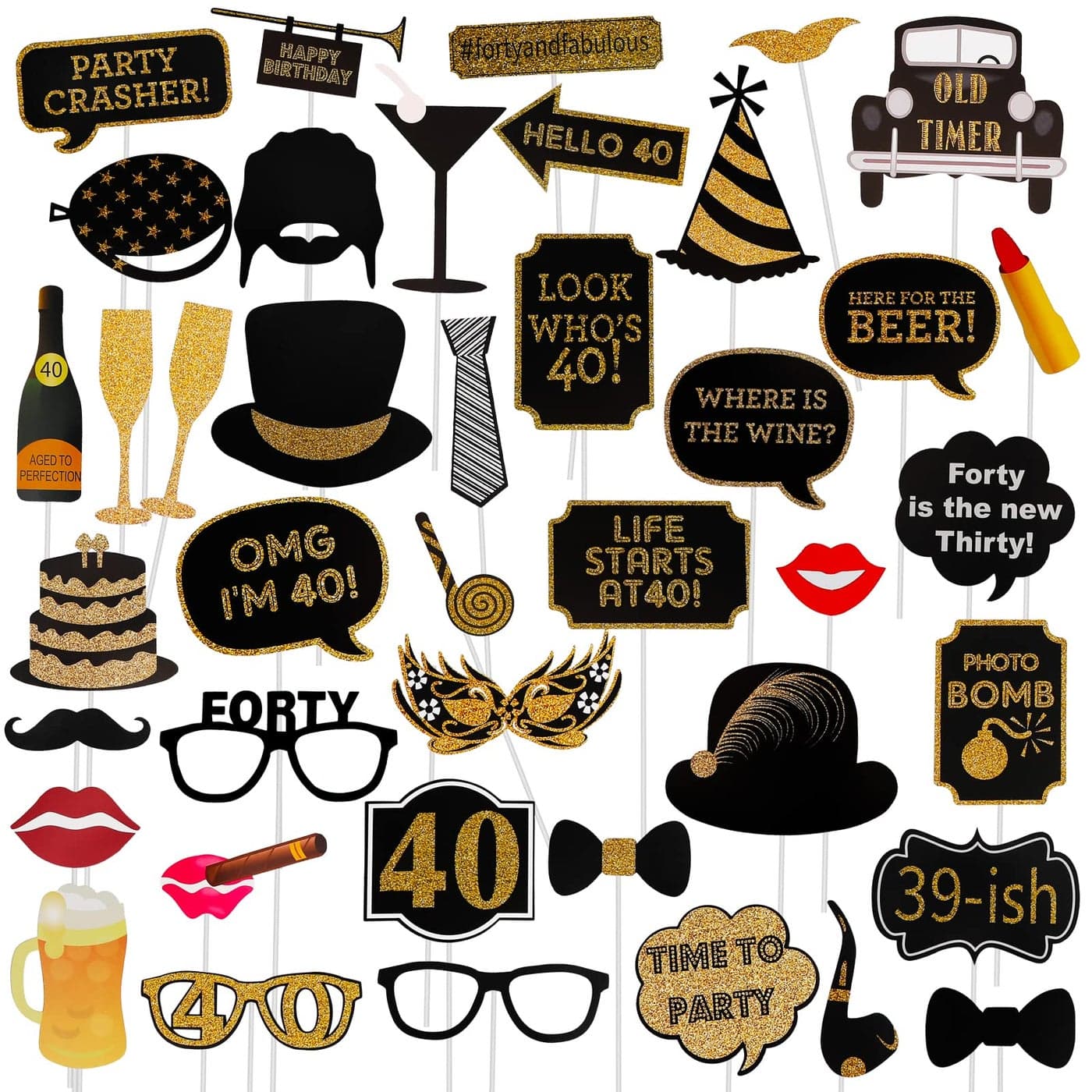 Adult 40th Birthday Photo Booth Props41Pcs for Her Him Cheers to 40 Years Birthday Party Gold and Red Decorations40th Happy Birthday Party Supplies for Men Women