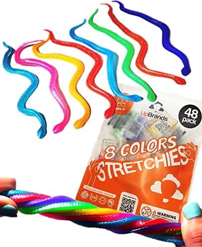 UpBrands 48 Stretchy Snakes Toys 6 Inches Bulk Set 8 Glitter Colors Kit for Birthday Party Favors for Kids Goodie Bags Easter Egg Basket Stuffers Pinata Filler Small Classroom Prizes