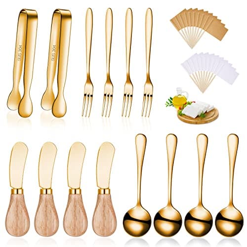 Cheese Butter Spreader Knives Set Charcuterie Accessories Stainless Steel Spreader Knives with Wooden Handles Charcuterie Boards Utensils Mini Serving Tongs Spoons and Forks Gold14 Pieces