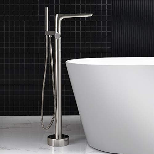 WOODBRIDGE Contemporary Single Handle Floor Mount Freestanding Tub Filler Faucet with Hand shower in Brushed Nickel Finish,F0014BN