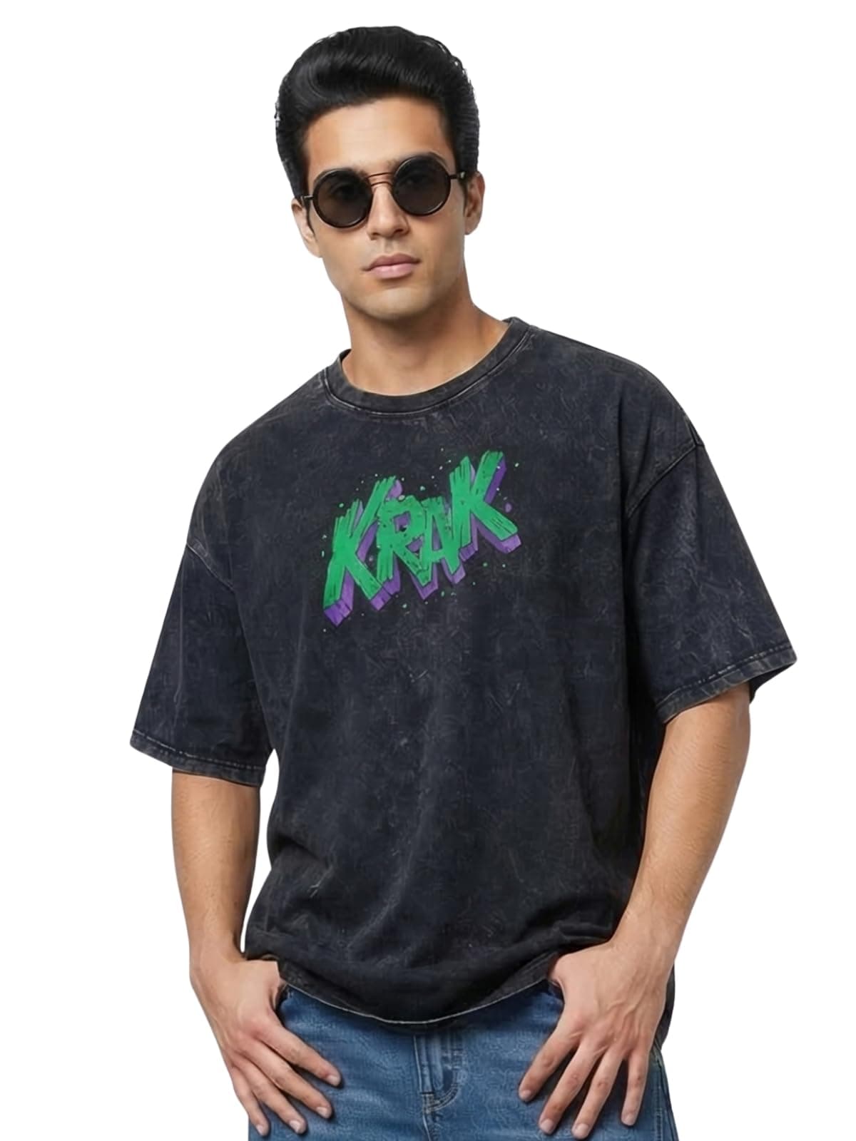 Veirdo® Men's Graphic Print Oversized Fit Half Sleeve Round Neck Cotton Acid Wash T-Shirt in Black Colors with Sizes L