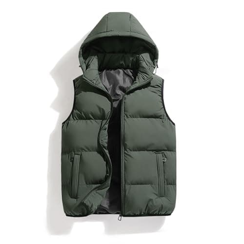 hathne Men's Winter Puffer Vest Sleeveless Warm Zipper Lightweight Jacket Vest with Removable Hood(Army Green,XL)