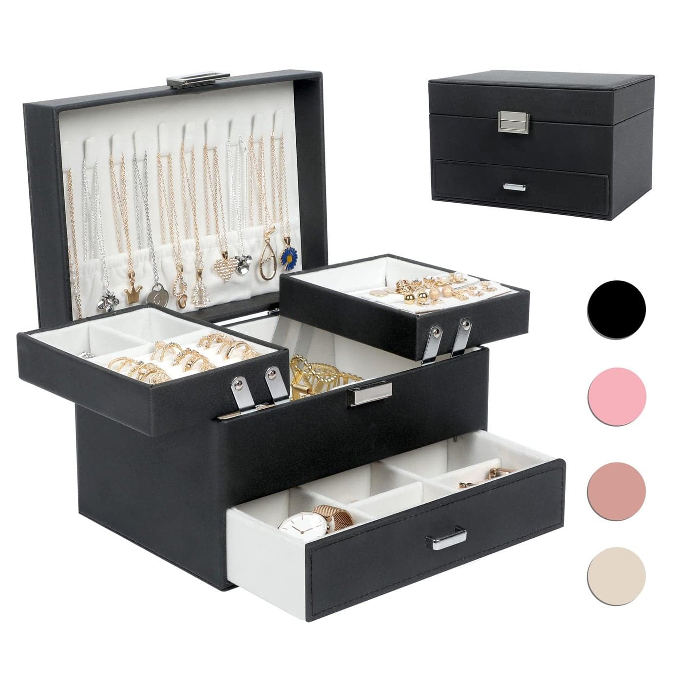 Dajasan Jewelry Boxes for Women Girls Jewelry Organizer Box 3 Layers Jewelry Storage Organizer for Earring Ring Necklace Bracelets Black