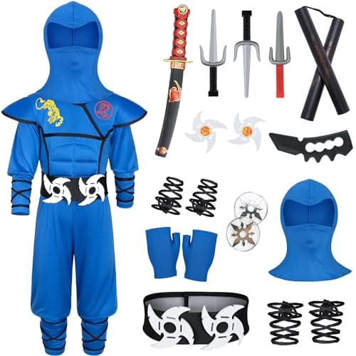 Kids Ninjia Costume Boys Girls Muscle Ninja Costume Suit with Deluxe Ninja Toys Halloween Cospaly Dress Up Blue 1012 Years