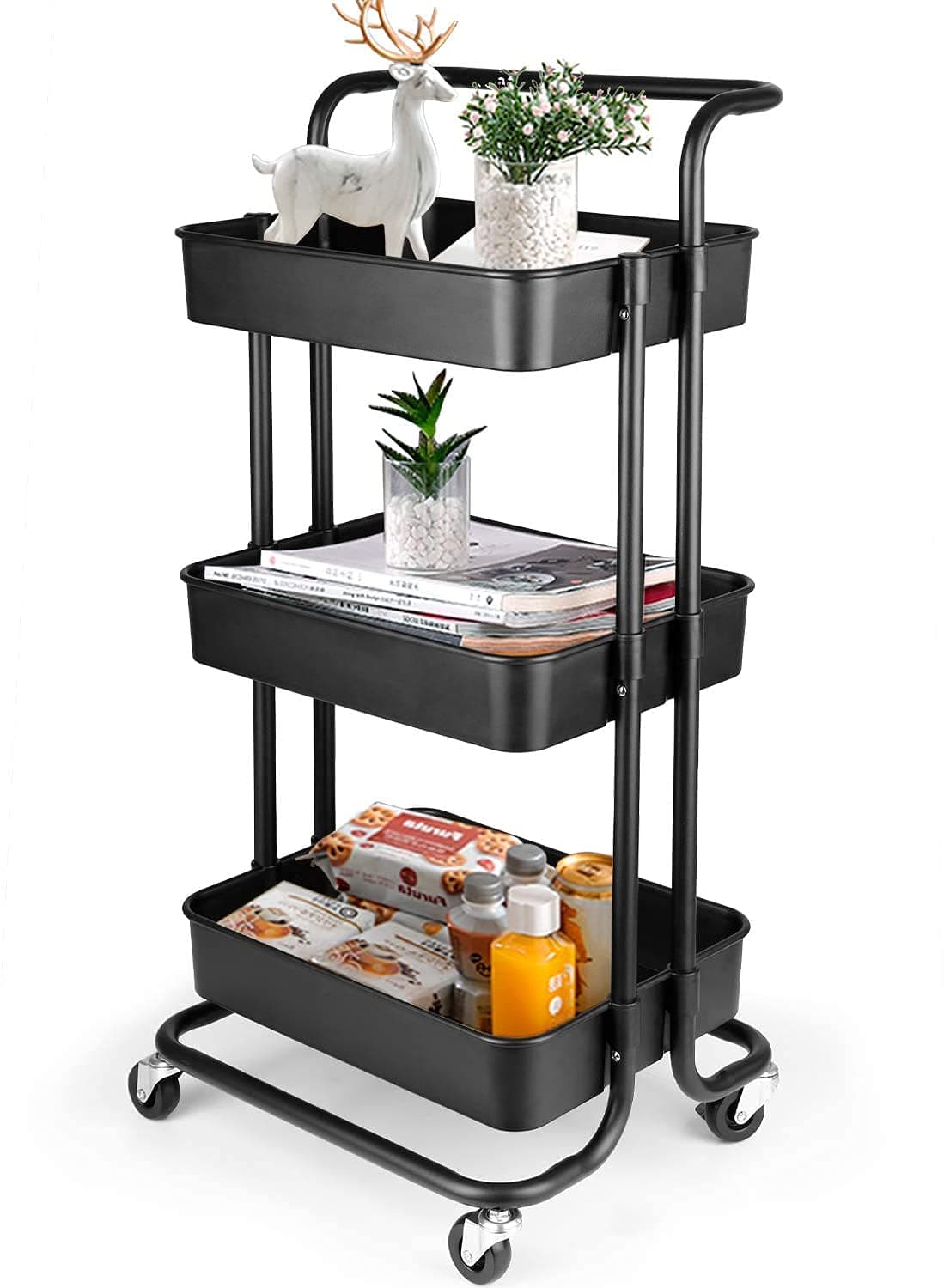 DASNDAS 3 Tier Rolling Utility Cart with Wheels and Handle Heavy Duty Mobile Kitchen Storage Cart Craft Cart Storage Trolley for Kitchen Bathroom Office Organization Easy Assembly