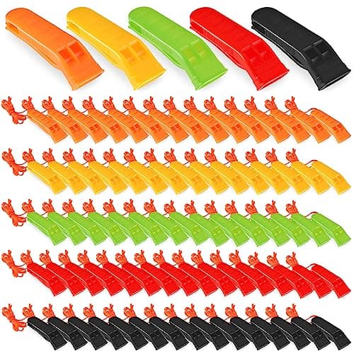 Sotiff 100 Pieces Emergency Whistles with Lanyard Safety Survival Whistles Loud Blast for Safety Camping Hiking Boating Hunting Survival Rescue Signaling(Black, Green, Yellow, Red, Orange)