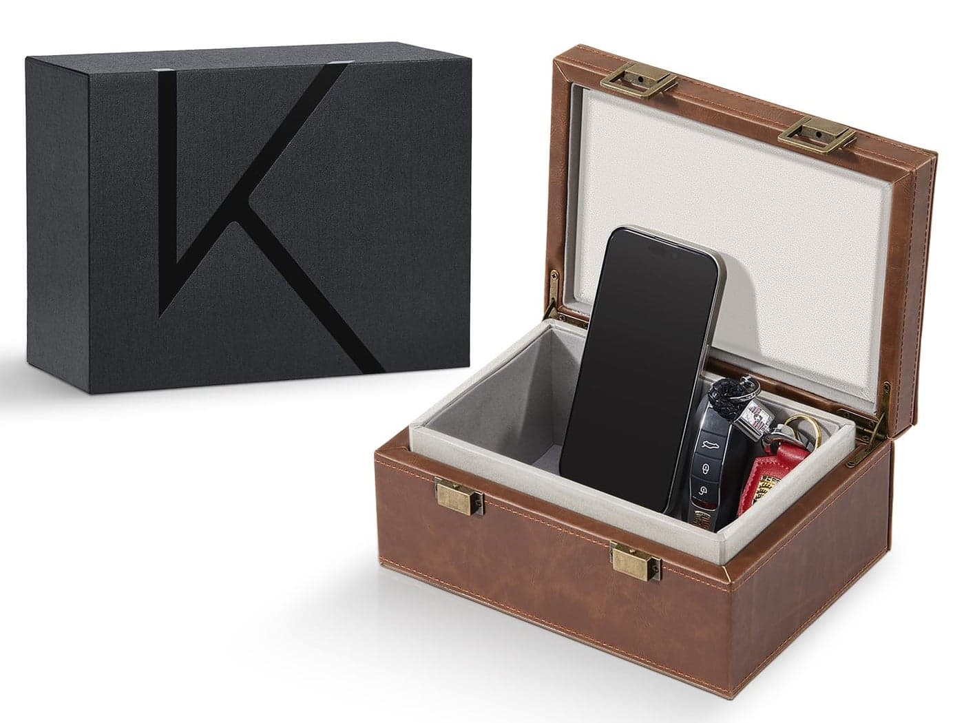KENARK KK6 PLUSBR Faraday Key Fob Protector Box RFID Signal Blocking Shielding Box for Car Keys AntiTheft Vintage Faraday Cage with HighGrade Protein Leather Brown Size L