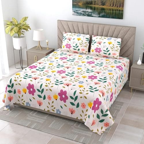 DECOMIZER XXL Microfiber Soft Cotton Super King Size Bedsheet for Double Bed, King Size 108 Inches X 108 Inches, 9 Feet, 275 X 275 cm with 2 Large Size Pillow Covers Without Joint - Purple Bale Flower