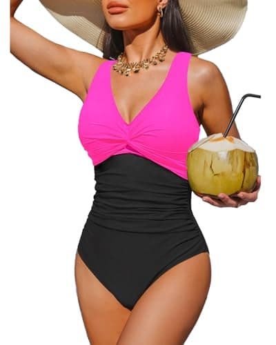 Holipick Hot Pink Black Women Tummy Control One Piece Swimsuit - Push Up Bathing Suit Full Coverage Slimming Swimwear L