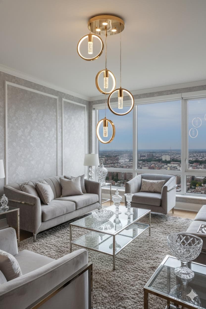 THE SWANART Modern Crystal Ring LED Pendant Light - Adjustable Height, Warm/Cool White, Elegant Gold Finish, Sparkling Bubble Accents, Ideal for Dining Room, Living Room, Bedroom