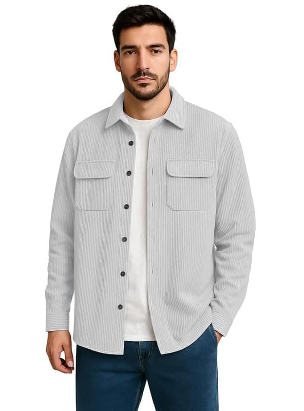 DEELMO Men's Cotton Polyester Corduroy Shirt with Textured Pattern Spread Collar Full Sleeves Dual Pocket Front and Button Down Closure | Textured Shirts for Men | DUBBLEPOCKET5022_Silver_L