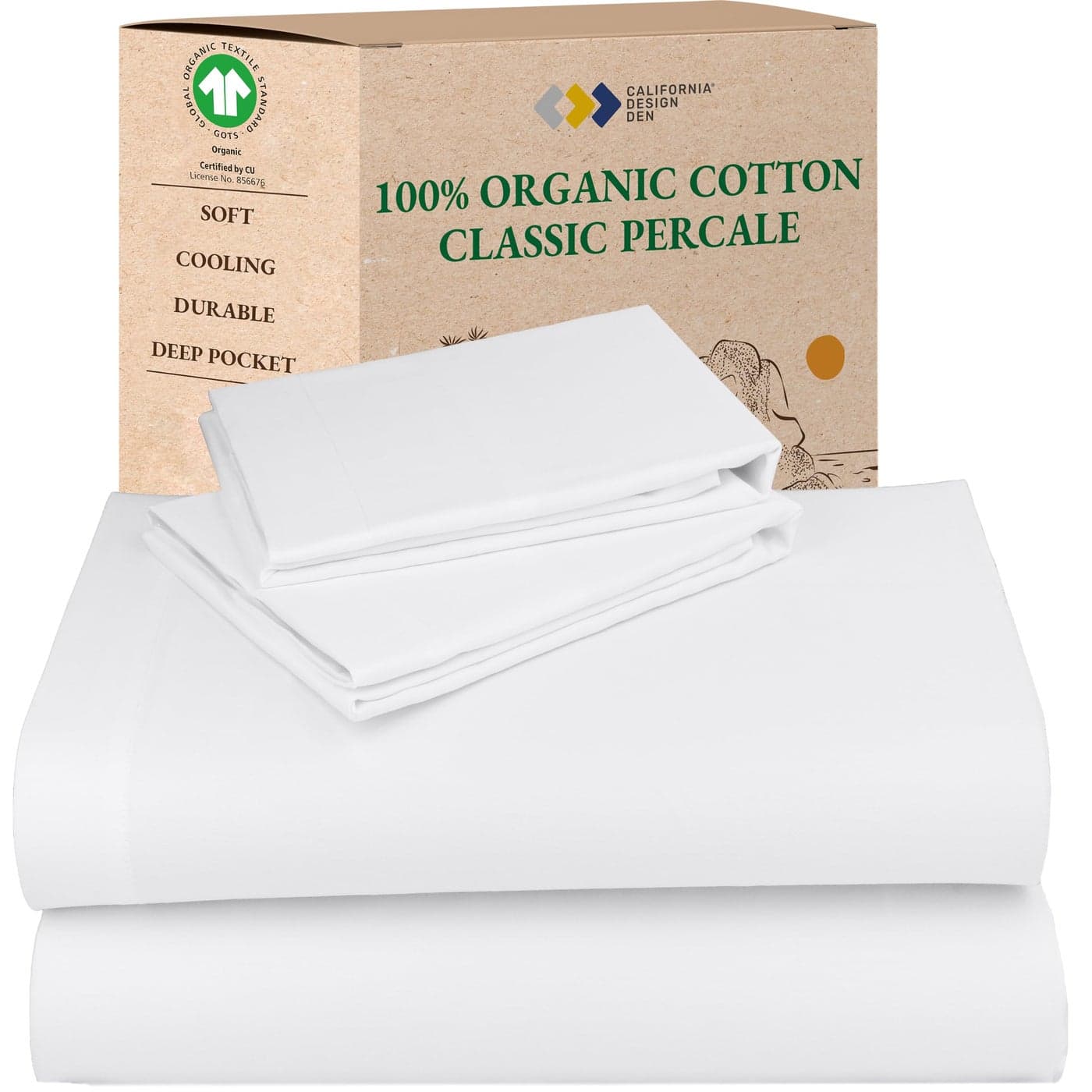 California Design Den Full Sheet Set Soft 100 Organic Cotton Sheets with Deep Pockets Crisp Percale Breathable and Durable Bedding Set White