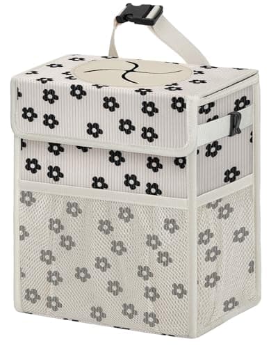 HORJONES Corduroy Car Trash Can with Lid and Mesh Pockets Leakproof OrganizerMultipurpose Waterproof Garbage CanTrash Bin for CarOffWhite Base with Black Floral Print2 Gallons