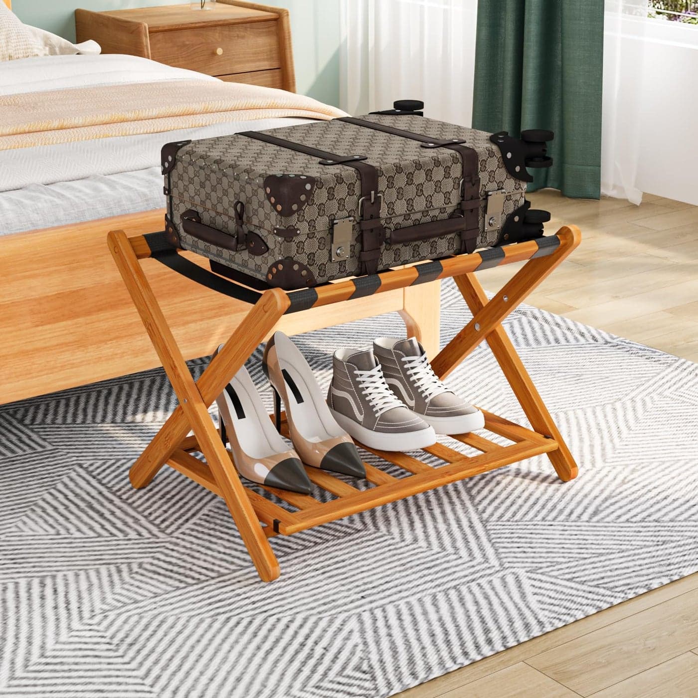Smuxee Fully Assembled Honey Luggage Rack Upgraded Bamboo Foldable Suitcase Stand with 5 Nylon Straps Luggage Holder with Shelf for Guest Room Bedroom Hotel