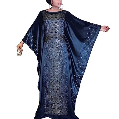 HD African Kaftan Dress for Women Rhinestone Navyblue Batwing Maxi Dress with Inner Adjustment Belt