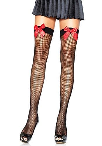 Leg Avenue Women's Satin Bow Fishnet Thigh Highs, Black/Red, One Size