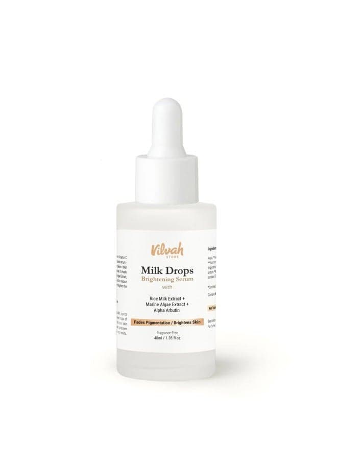 Vilvah Store Milk Drops Brightening Serum Formulated With Rice Milk Extract, Marine Algae Extract, Alpha Arbutin, Fades Scars, Brightens Skin & Even Skin Tone For All Skin Type, 40ml