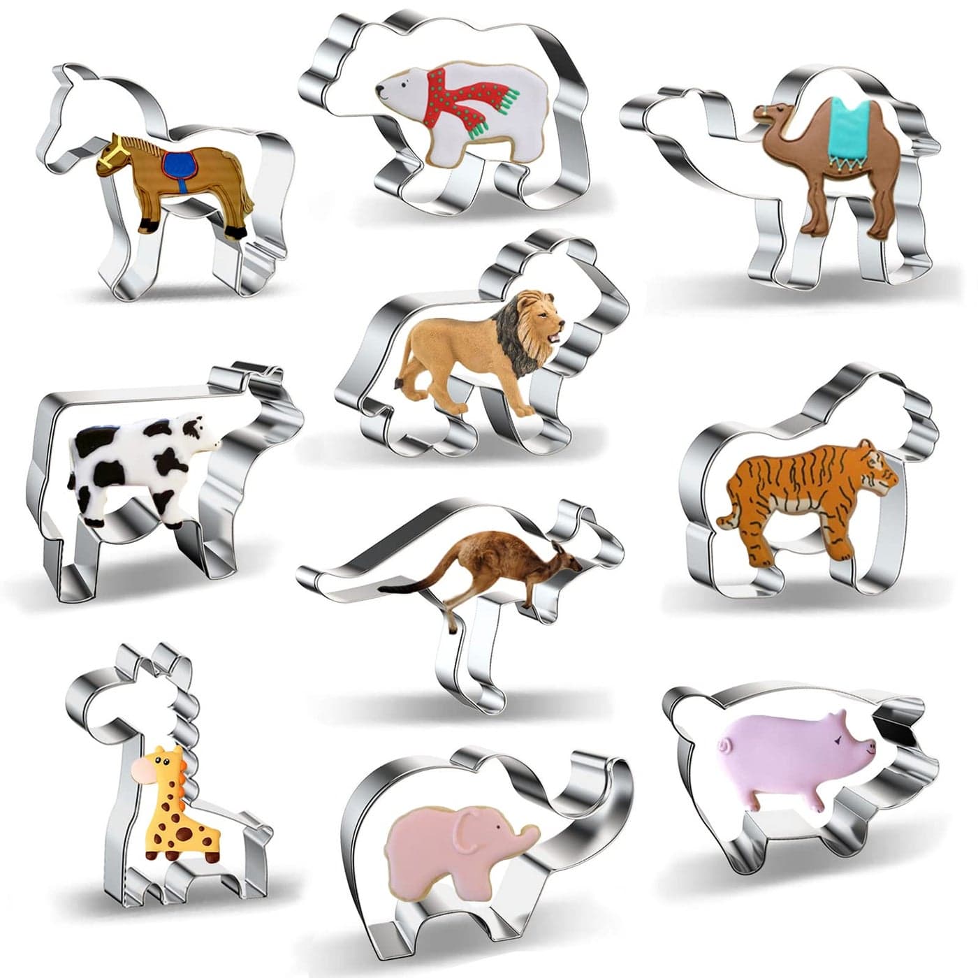 Animal Cookie Cutters Shapes for Kids Baking Large Safari Zoo Animals 10 Piece Cookie Cutter Set with Horse Polar Bear Camel Cow Lion Giraffe Tiger Kangaroo Elephant Pig Cookie Cutter Mold