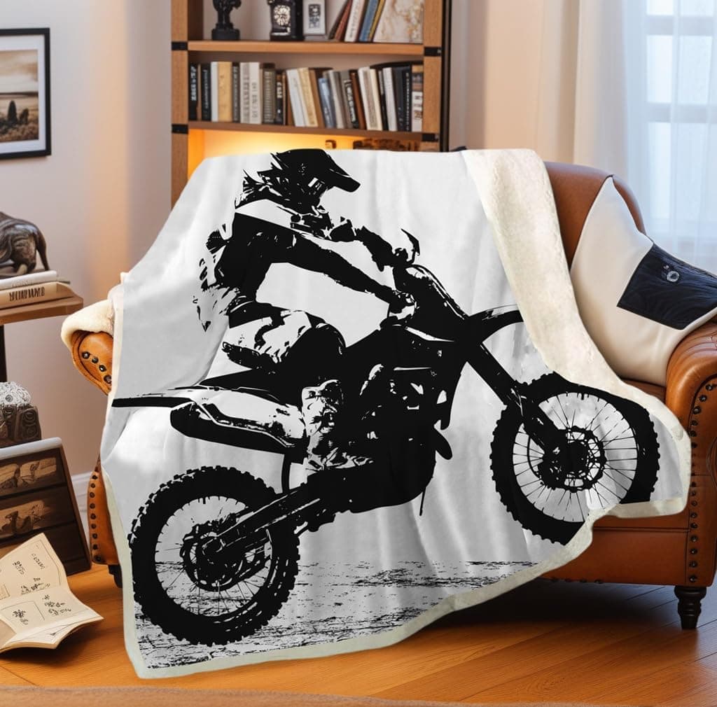 SHOMPE Dirt Bike Throw Blanket Motocross Racer Extreme Sports Printed Soft 3D Cool Plush Sherpa Kids Men Boys Girls Fleece Blankets 50x 60