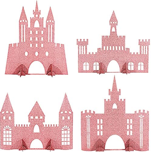 4 Pieces Castle Table Centerpiece Glitter Princess Theme Castle Centerpiece for Birthday Baby Shower Princess Party Table Decorations Pink