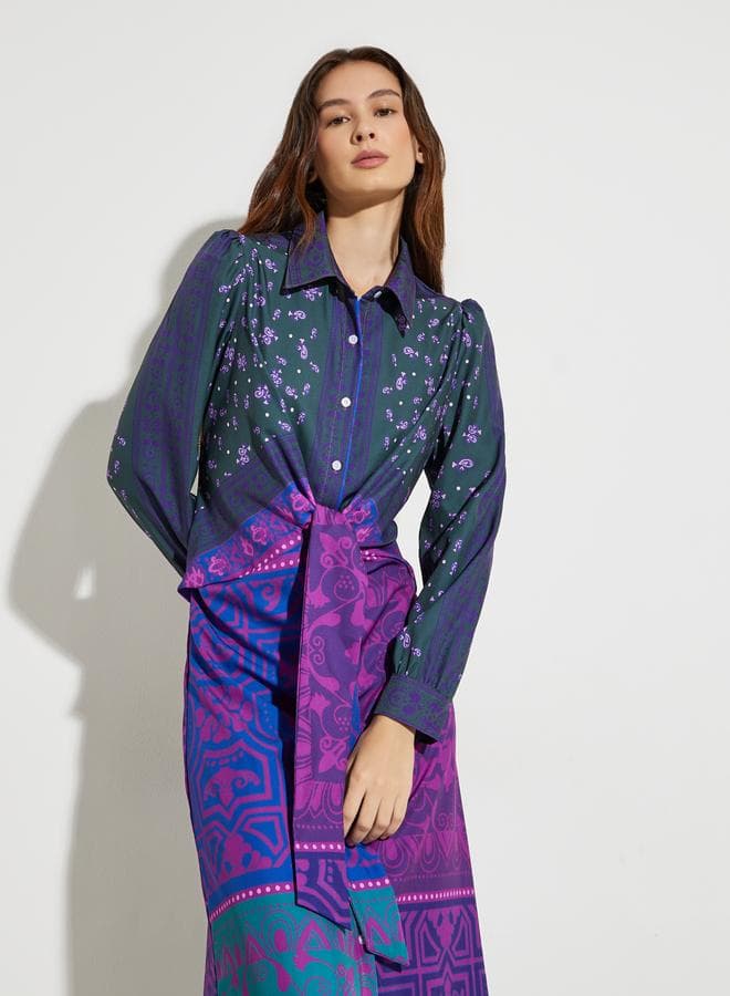 Purple All Over Print Tie-Waist Midi Dress