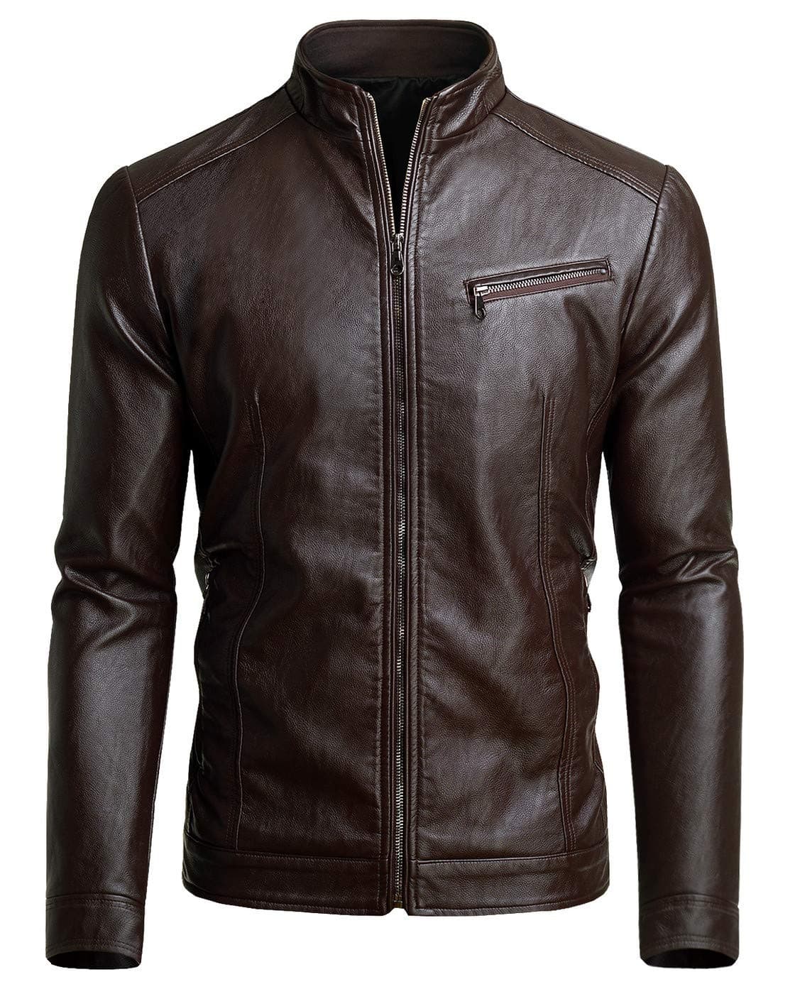 Fairylinks Men's Casual Faux Leather Jacket, Chocolate, Small